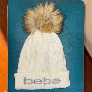 bebe Cream Cable Knit Beanie with Faux Fur Pom